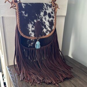 Brown and White Genuine Leather Fringe Crossbody Bag